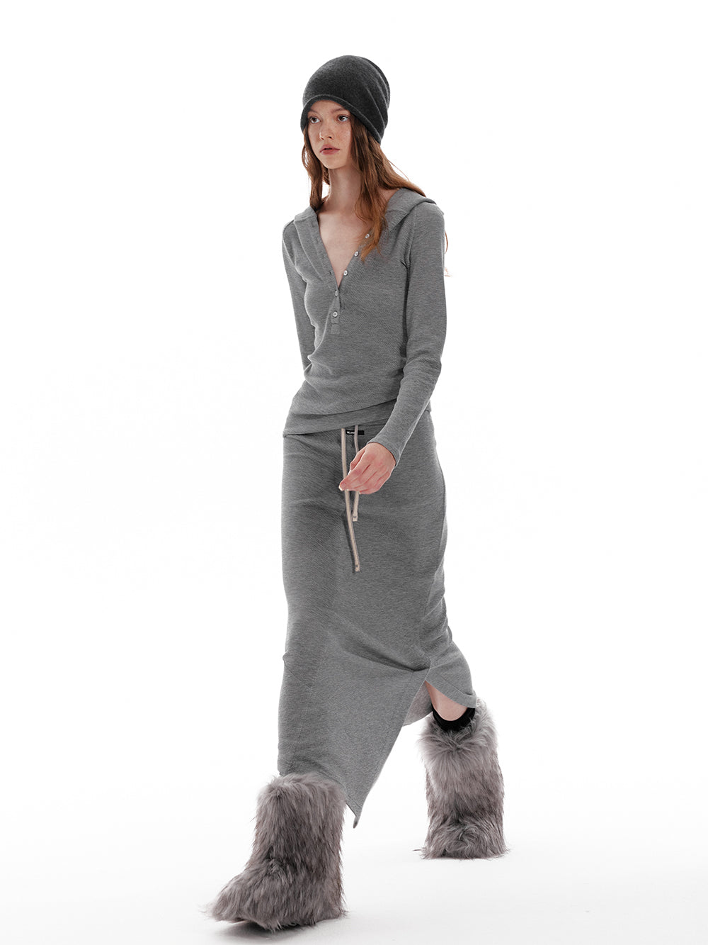 Slim Fit Hooded Half-Button Top / Slit Skirt