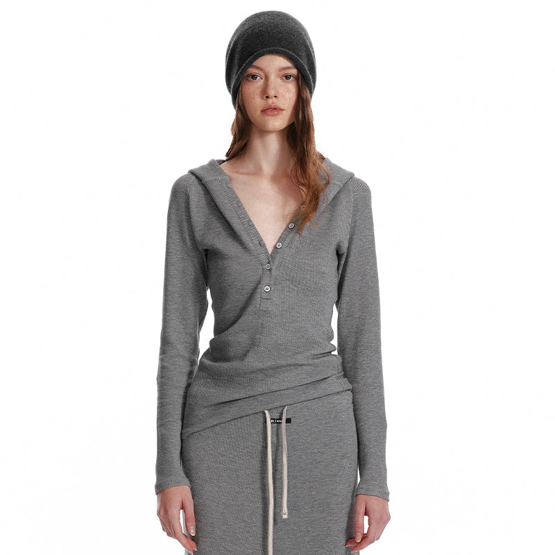 Slim Fit Hooded Half-Button Top / Slit Skirt