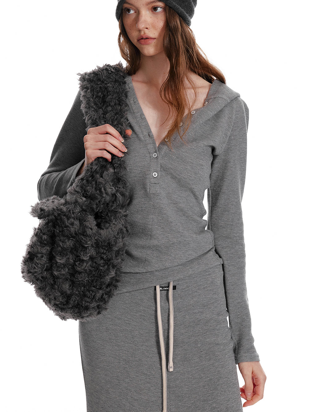 Slim Fit Hooded Half-Button Top / Slit Skirt
