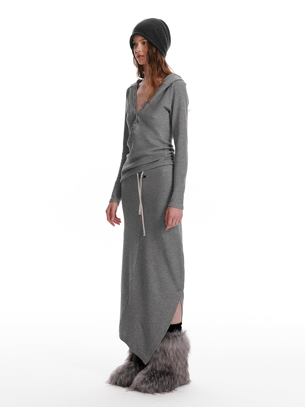 Slim Fit Hooded Half-Button Top / Slit Skirt