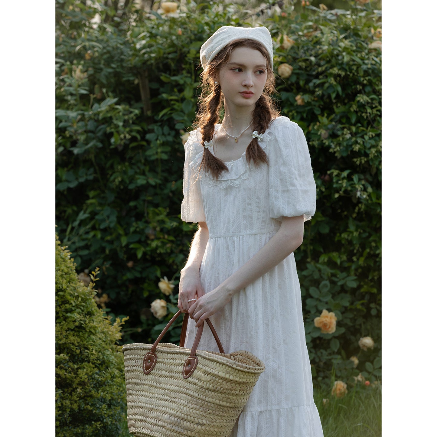 Embroidered Bubble-Sleeve Dress With Flutter Collar