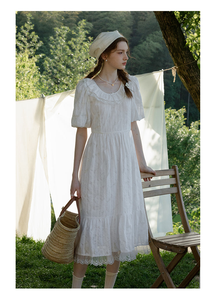 Embroidered Bubble-Sleeve Dress With Flutter Collar