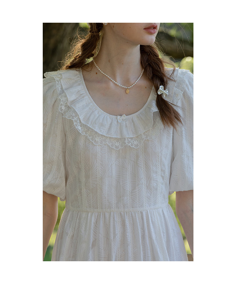 Embroidered Bubble-Sleeve Dress With Flutter Collar