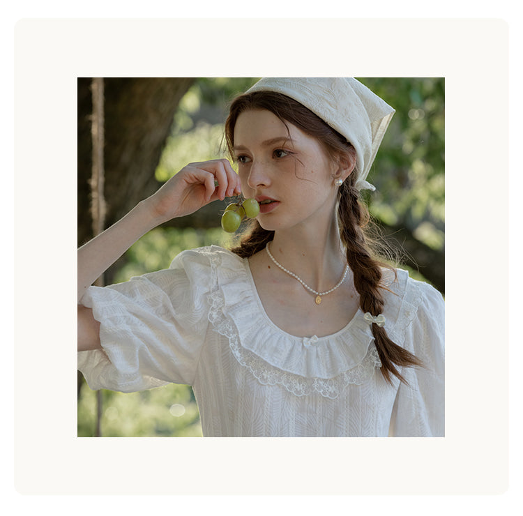 Embroidered Bubble-Sleeve Dress With Flutter Collar