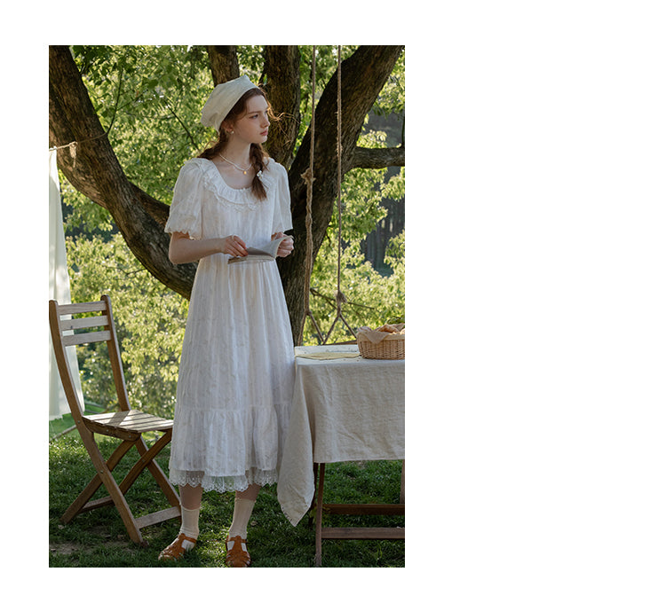 Embroidered Bubble-Sleeve Dress With Flutter Collar