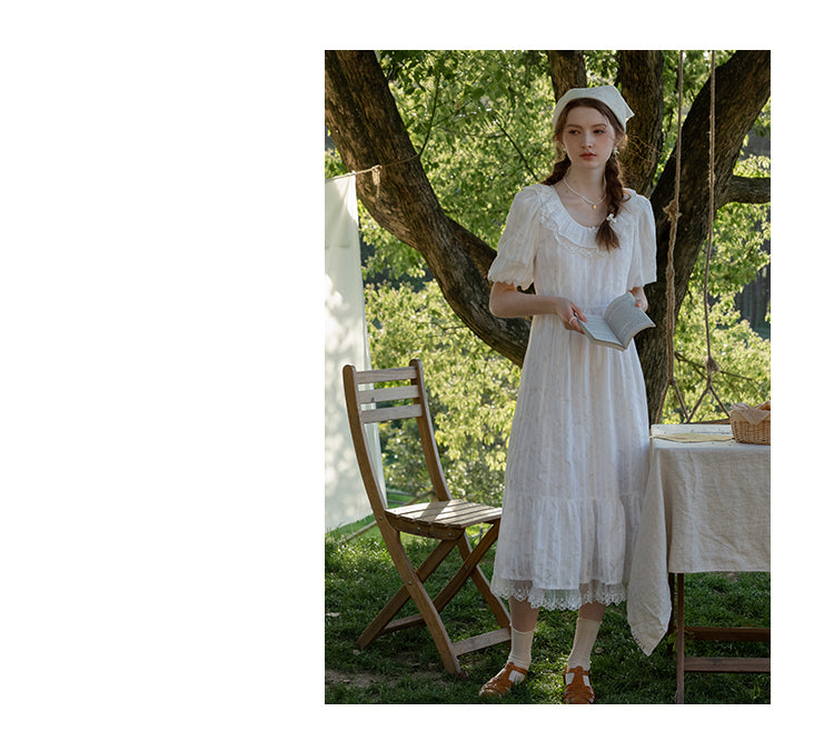 Embroidered Bubble-Sleeve Dress With Flutter Collar