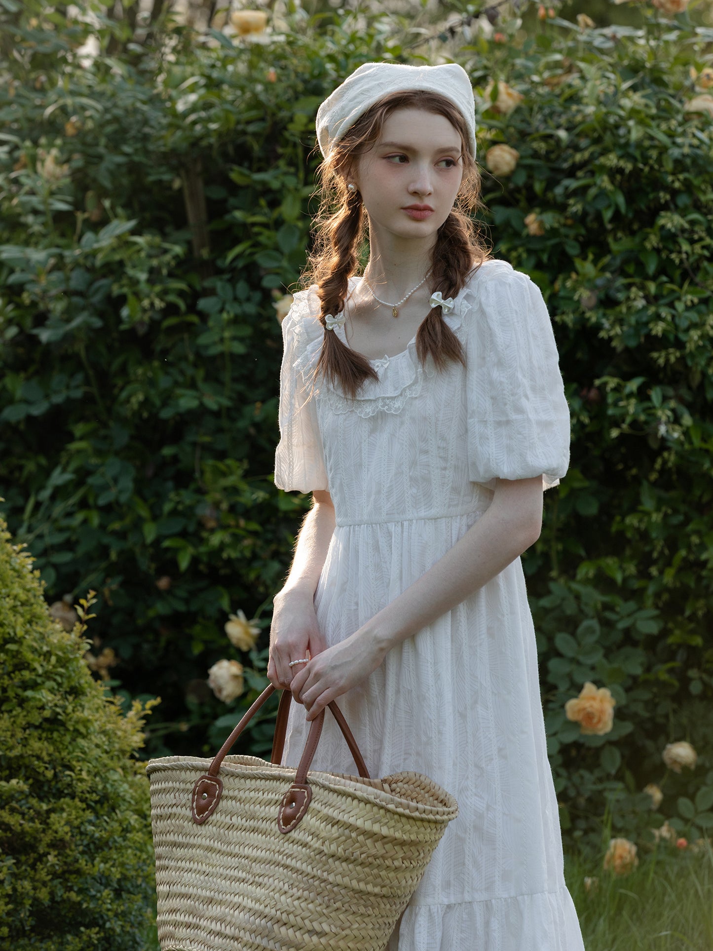 Embroidered Bubble-Sleeve Dress With Flutter Collar