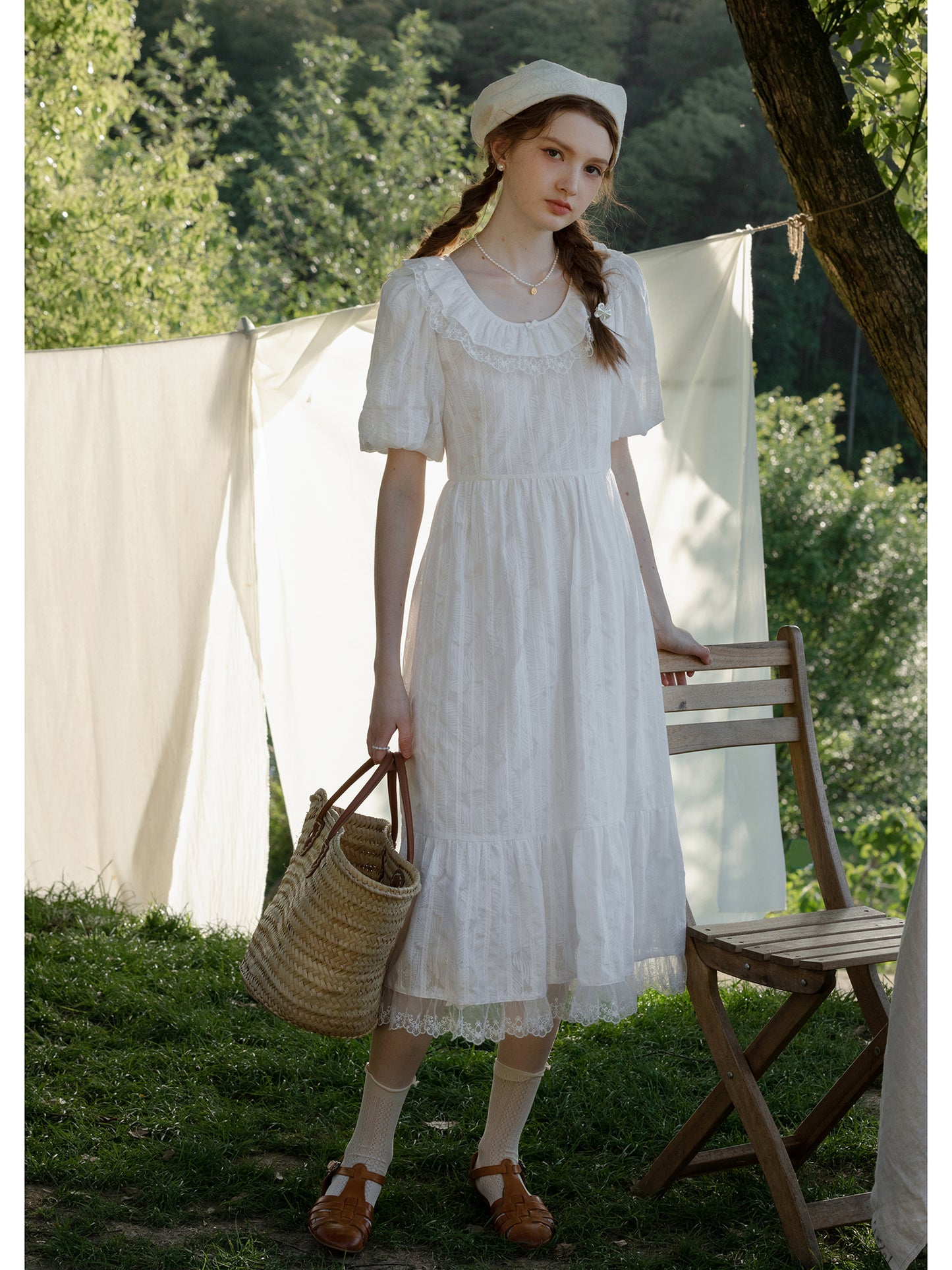 Embroidered Bubble-Sleeve Dress With Flutter Collar