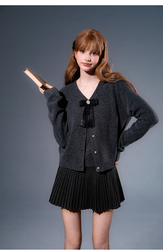 Knit Cardigan & Sleeveless Top Set With Detachable Bow