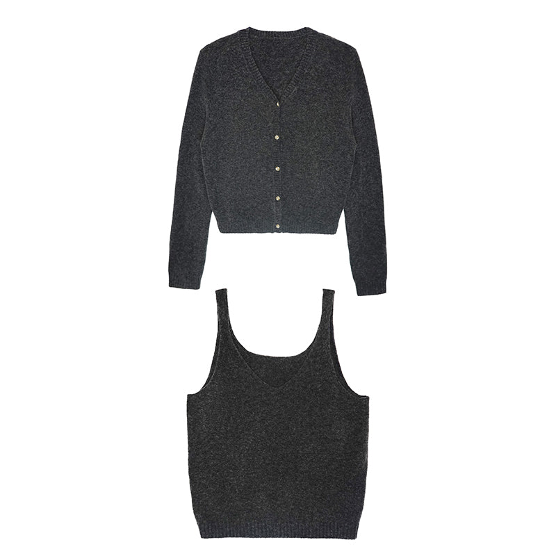 Knit Cardigan & Sleeveless Top Set With Detachable Bow