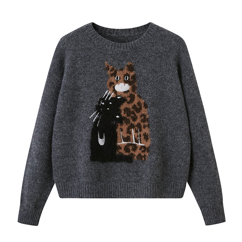 Leopard Cat Motif Wool-Blend Sweater