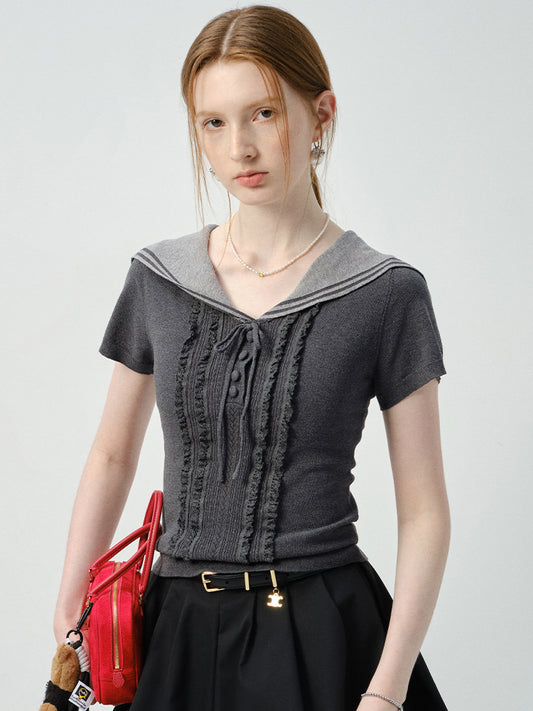 Sailor-Collar Fitted Top With Frill Front