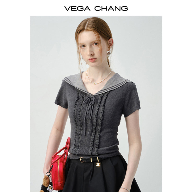 Sailor-Collar Fitted Top With Frill Front