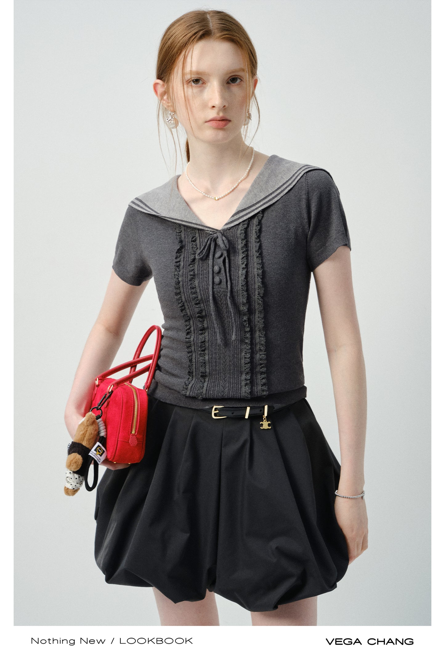 Sailor-Collar Fitted Top With Frill Front
