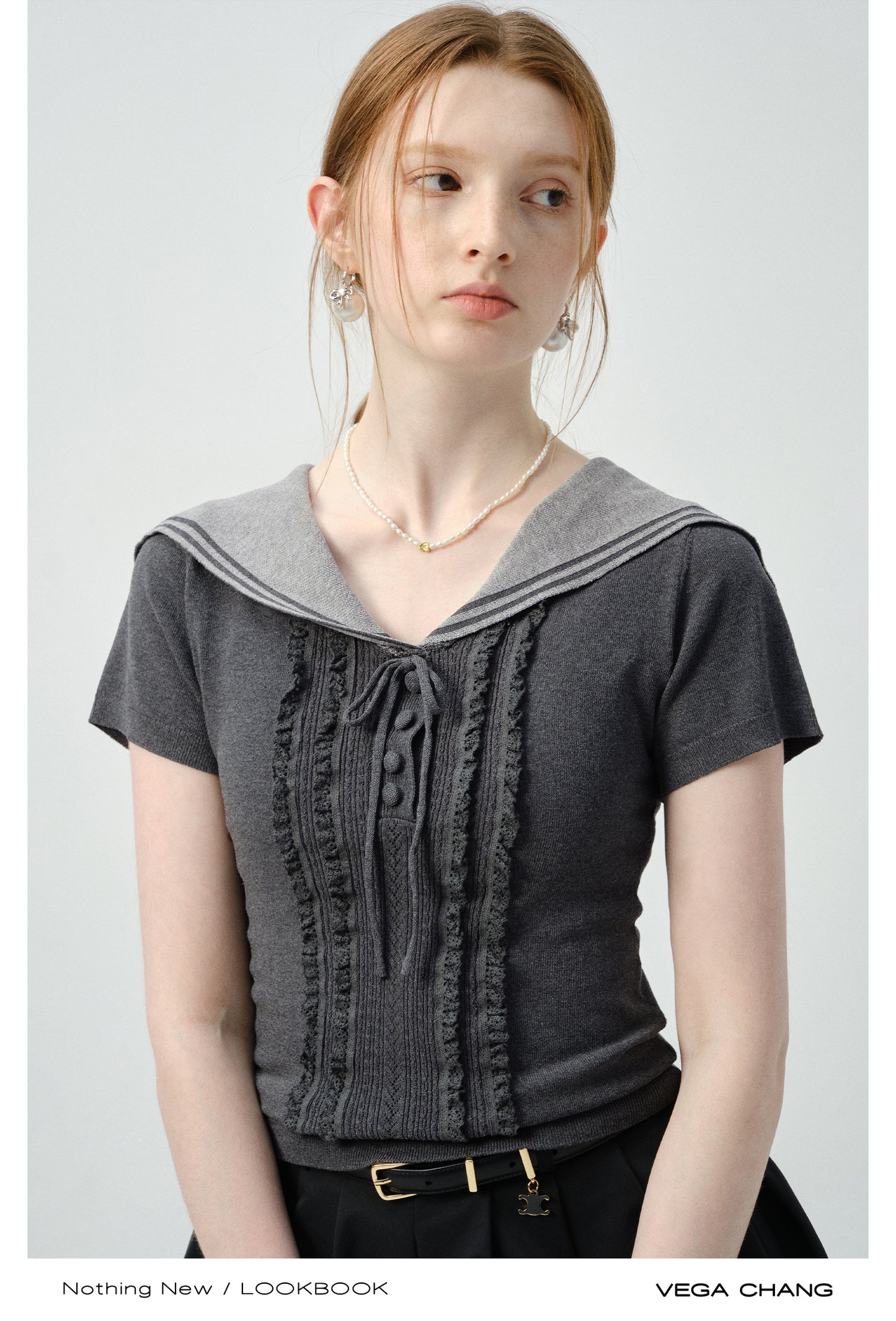 Sailor-Collar Fitted Top With Frill Front