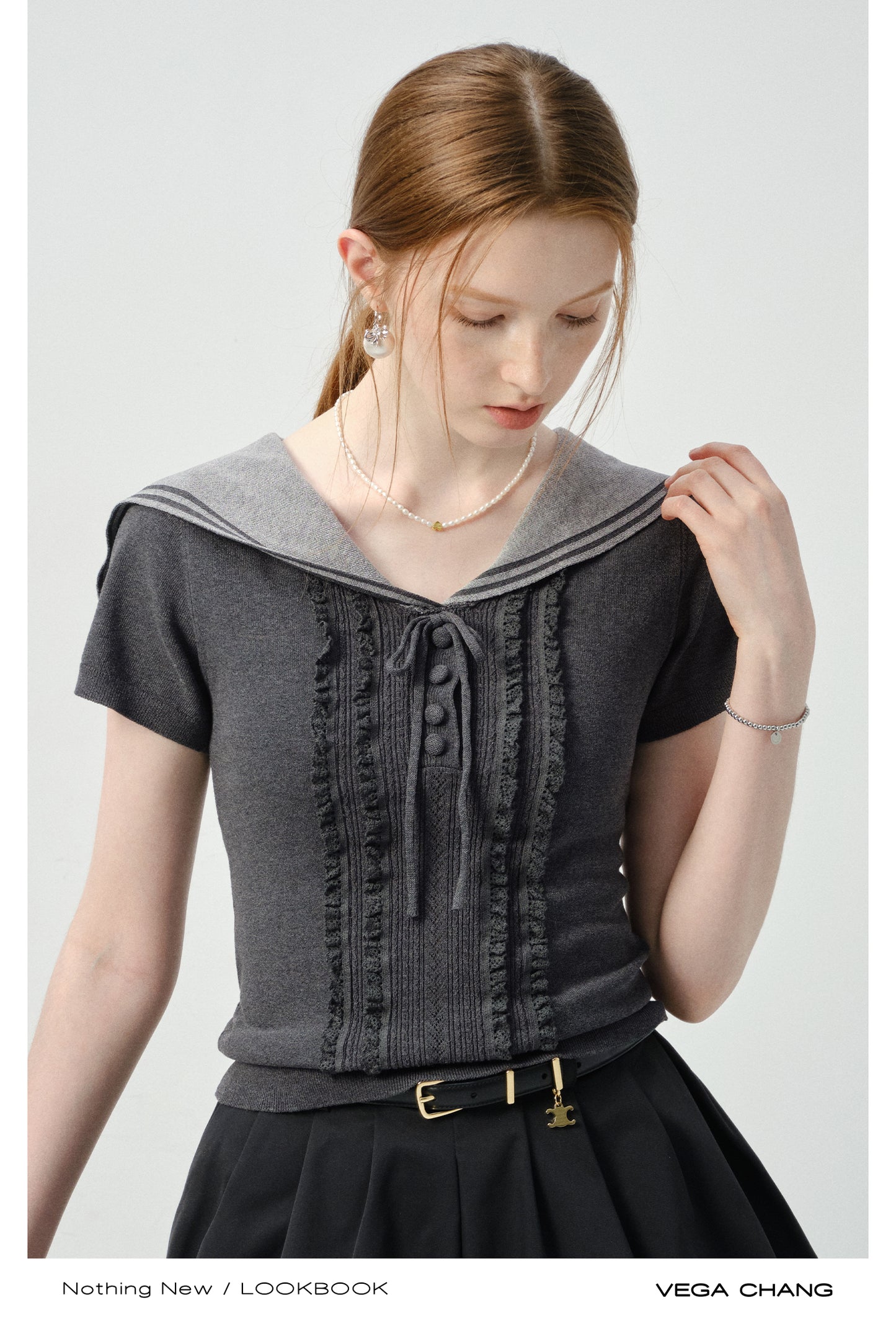 Sailor-Collar Fitted Top With Frill Front