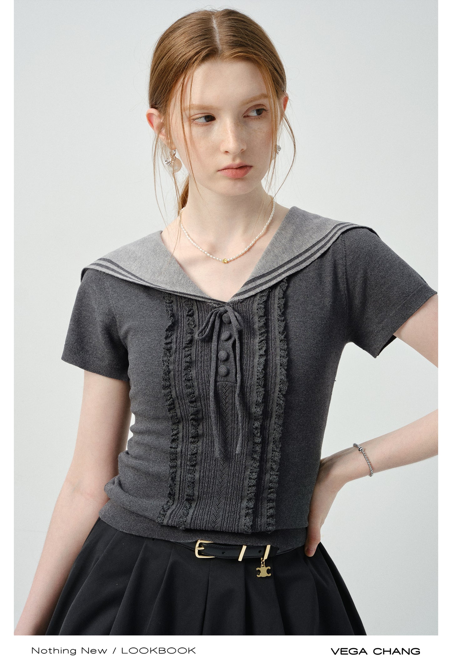 Sailor-Collar Fitted Top With Frill Front