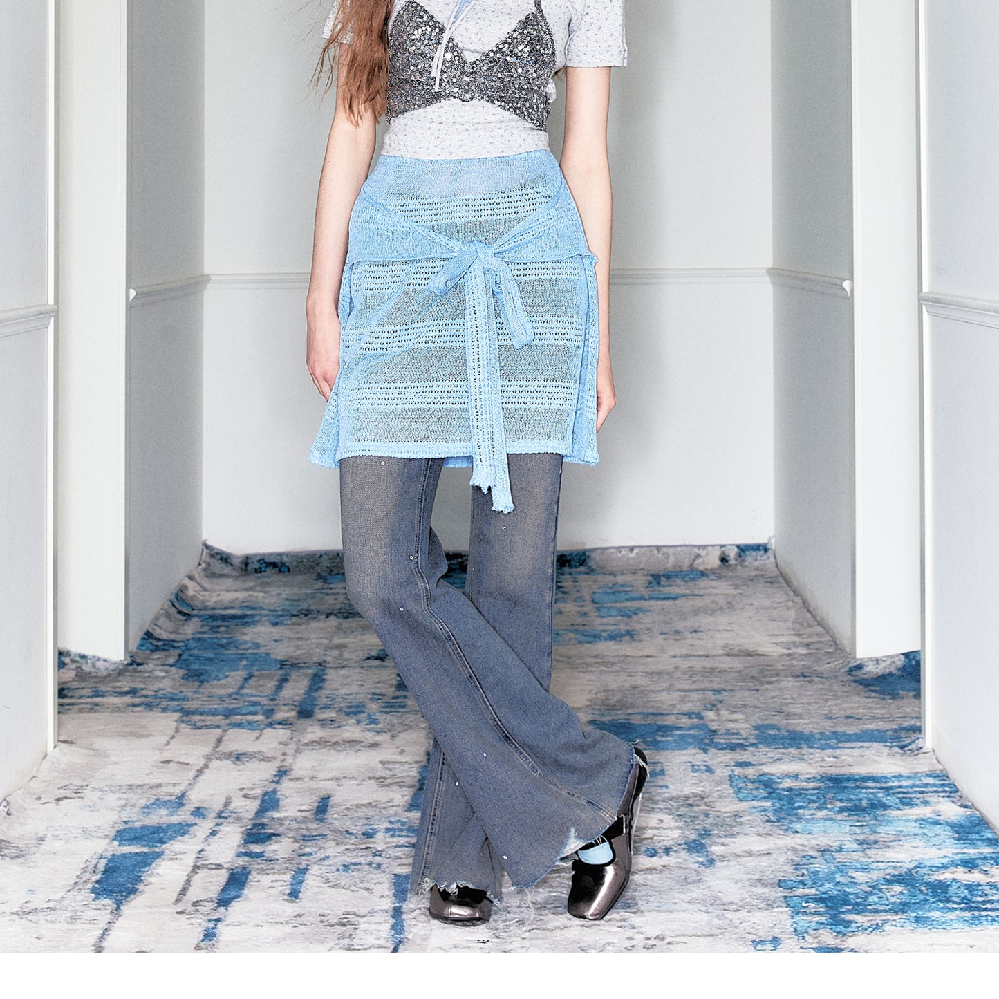 Floral Print Top And Sheer Knit Tie-Front Skirt