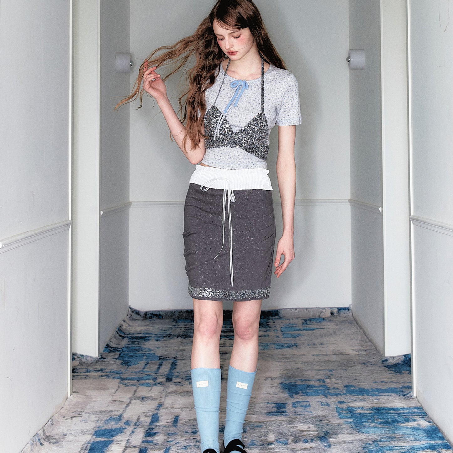 Floral Print Top And Sheer Knit Tie-Front Skirt