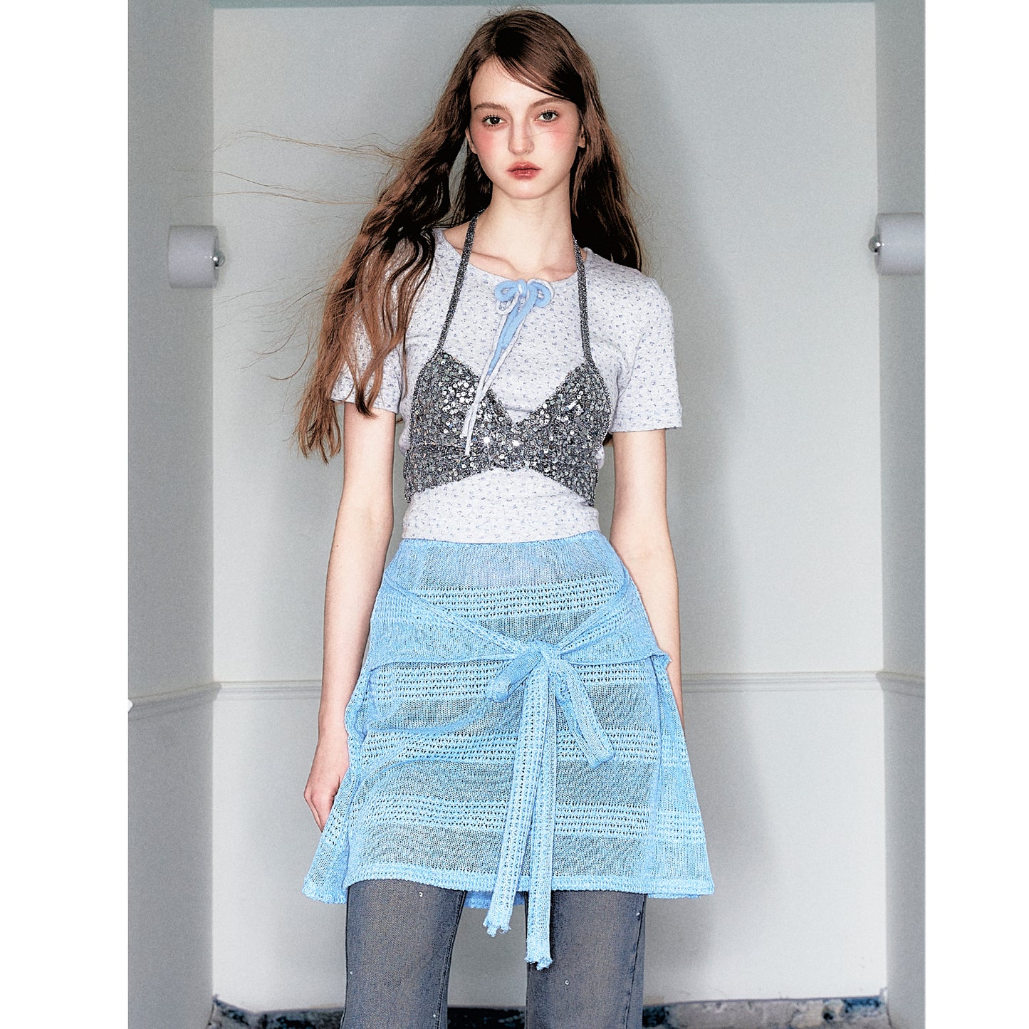 Floral Print Top And Sheer Knit Tie-Front Skirt