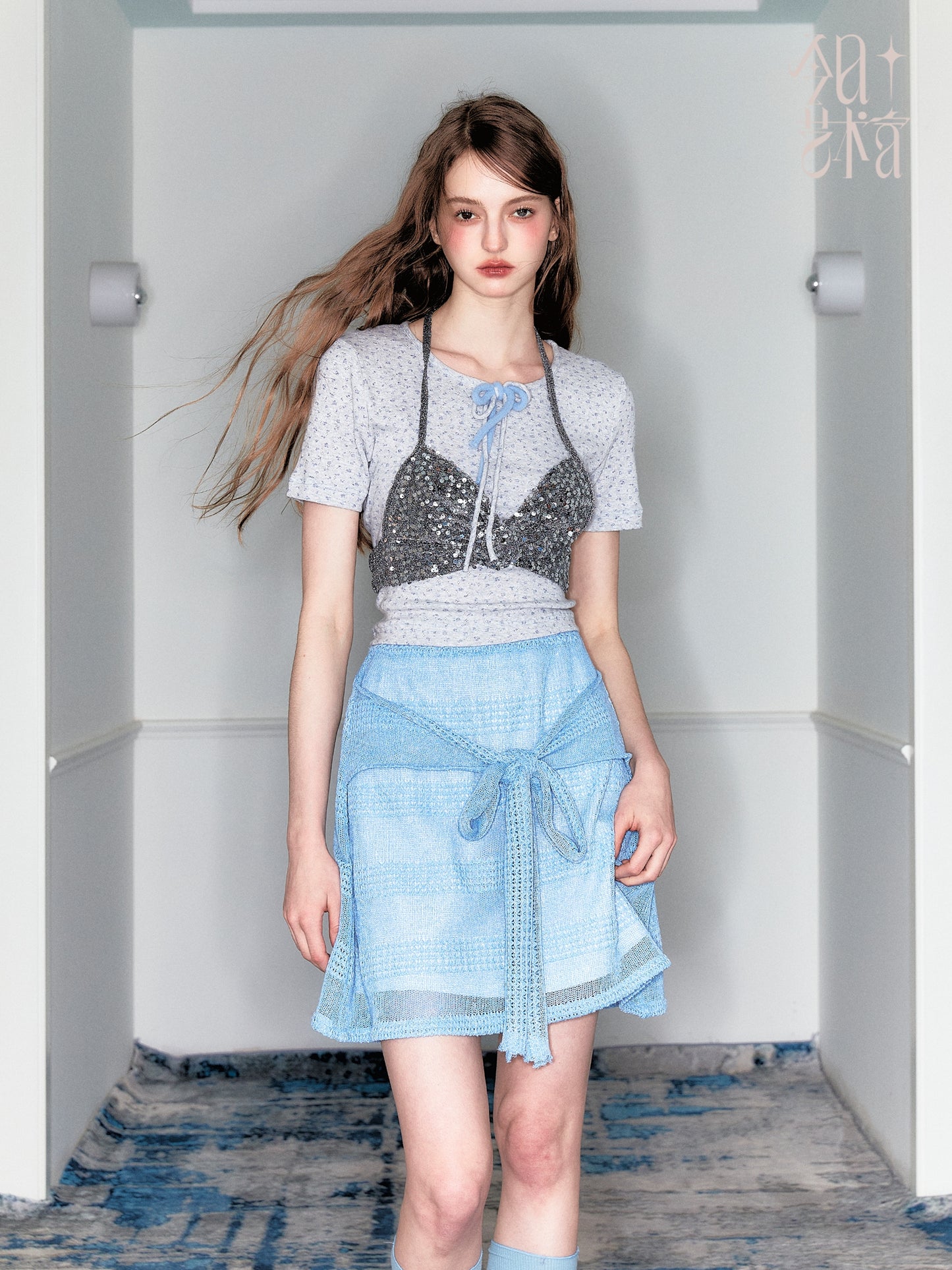 Floral Print Top And Sheer Knit Tie-Front Skirt