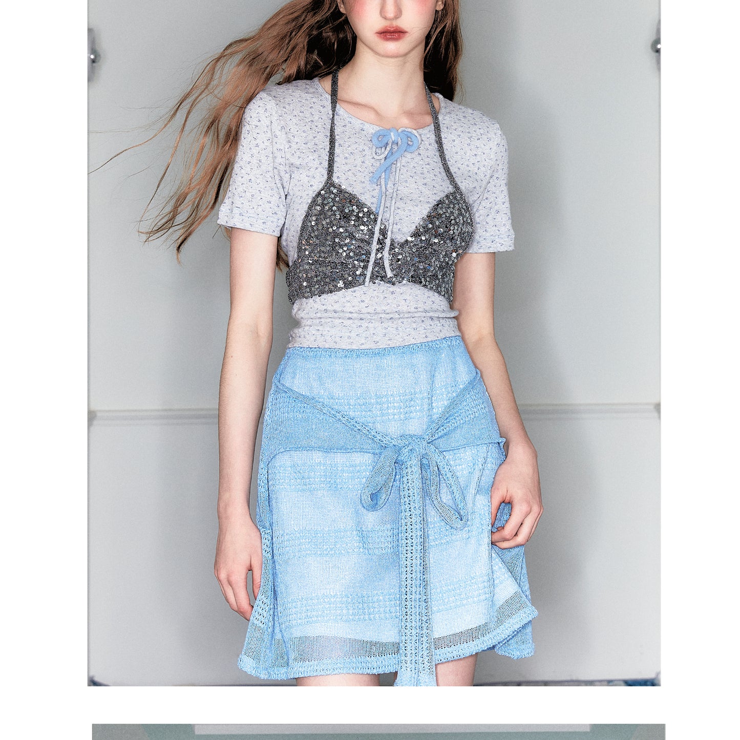 Floral Print Top And Sheer Knit Tie-Front Skirt