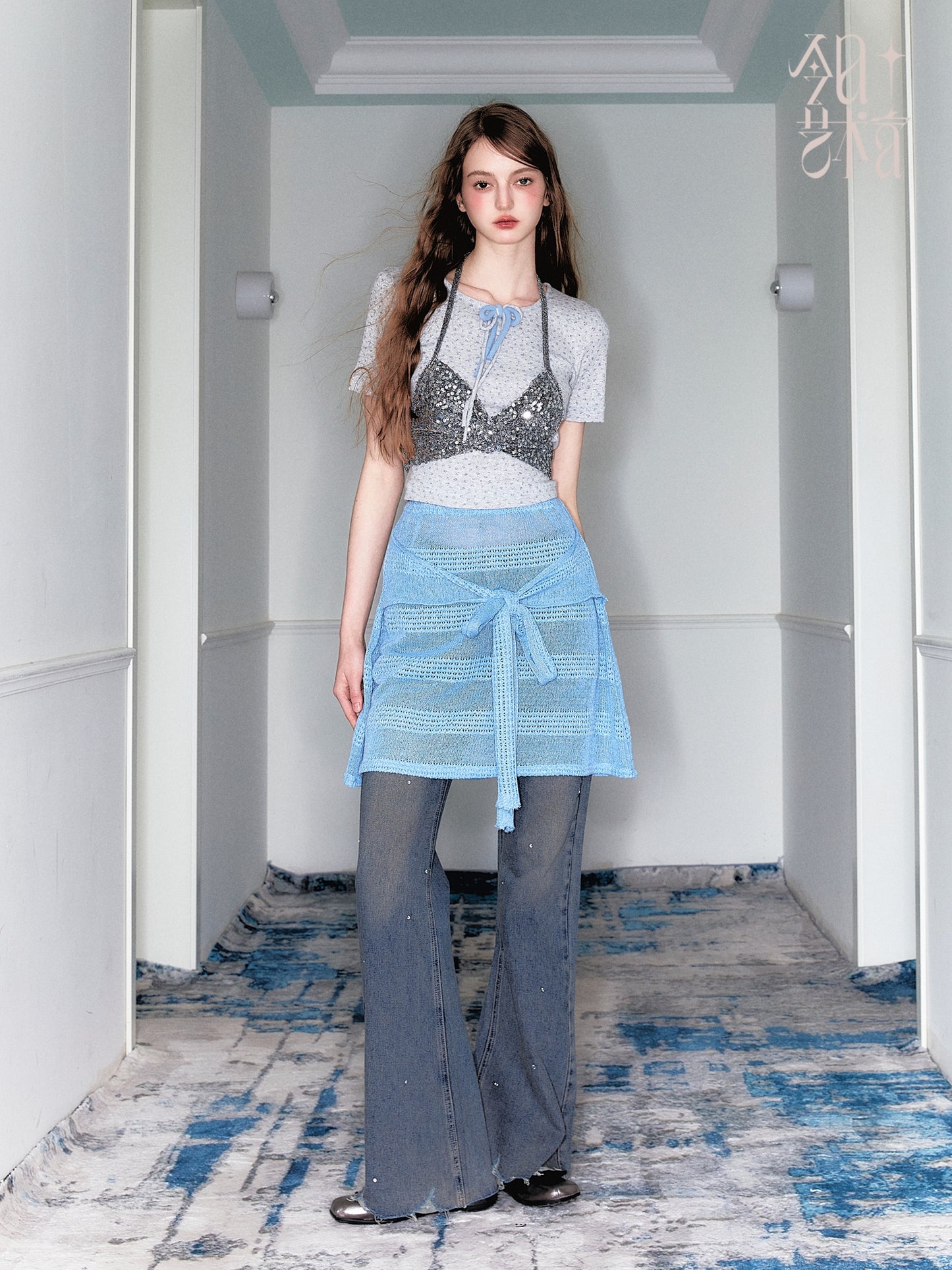 Floral Print Top And Sheer Knit Tie-Front Skirt