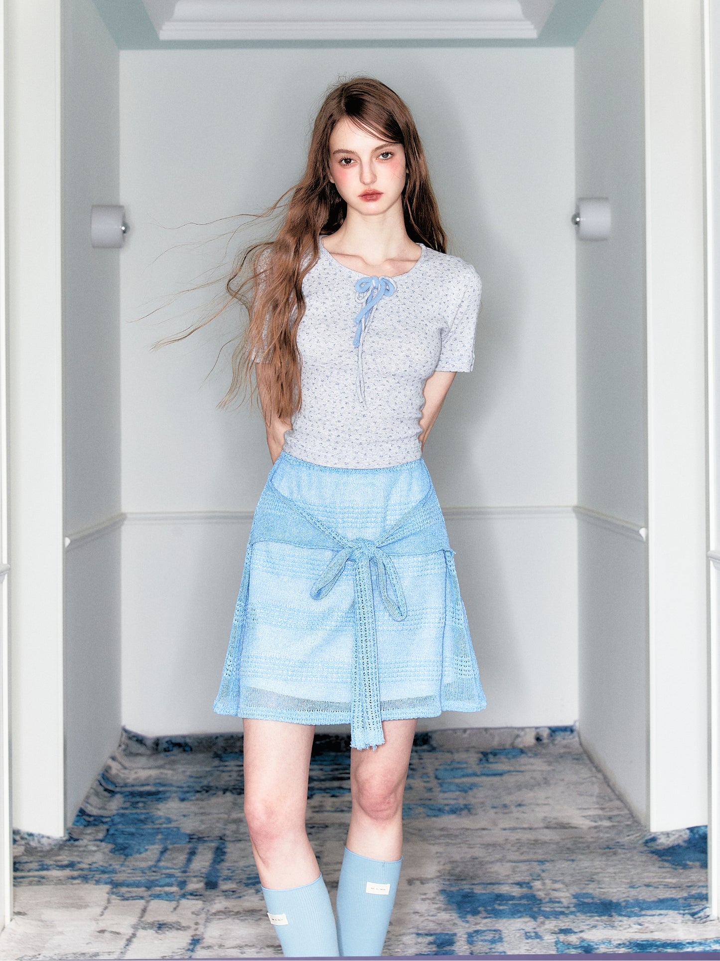 Floral Print Top And Sheer Knit Tie-Front Skirt