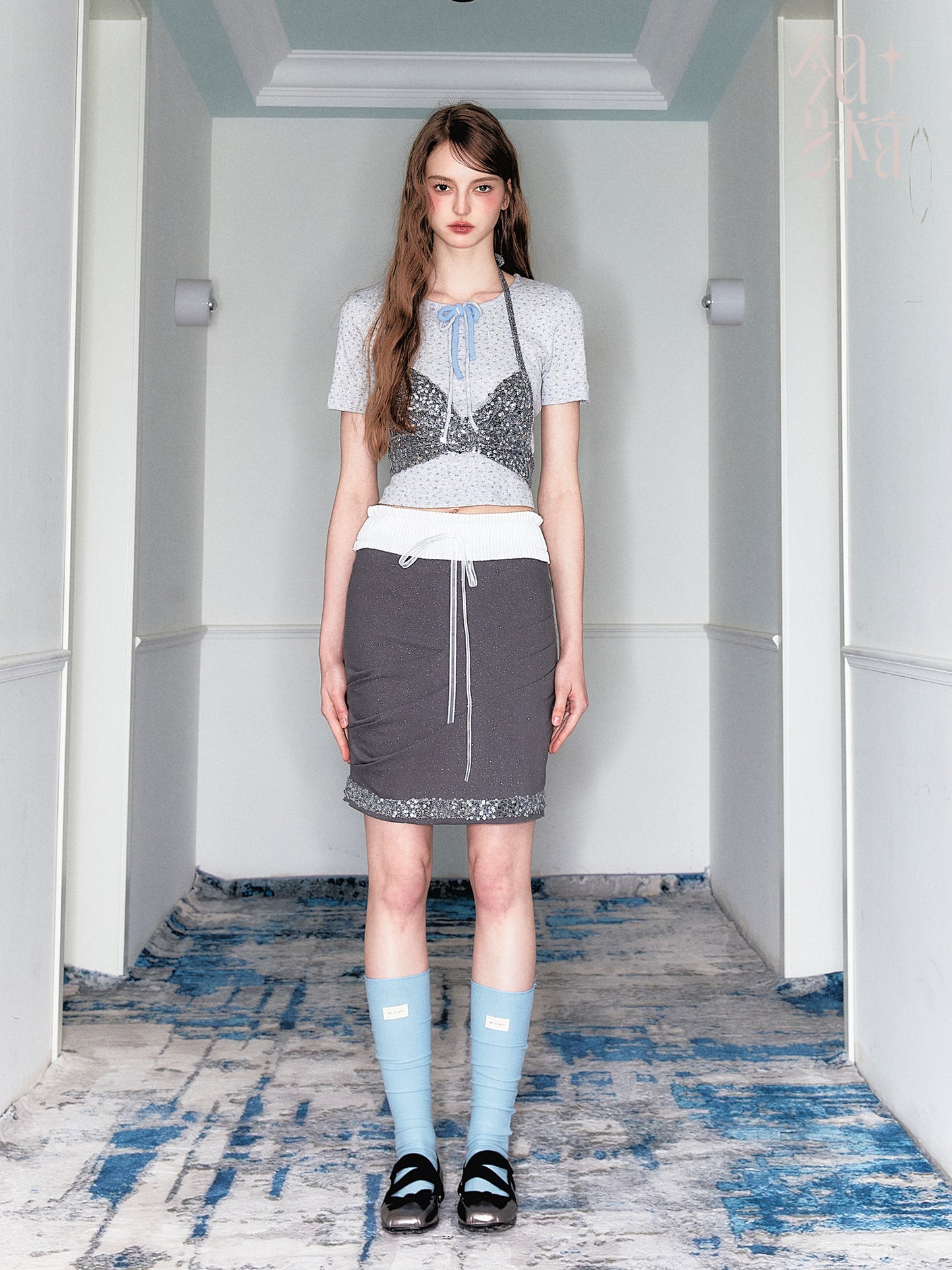 Floral Print Top And Sheer Knit Tie-Front Skirt