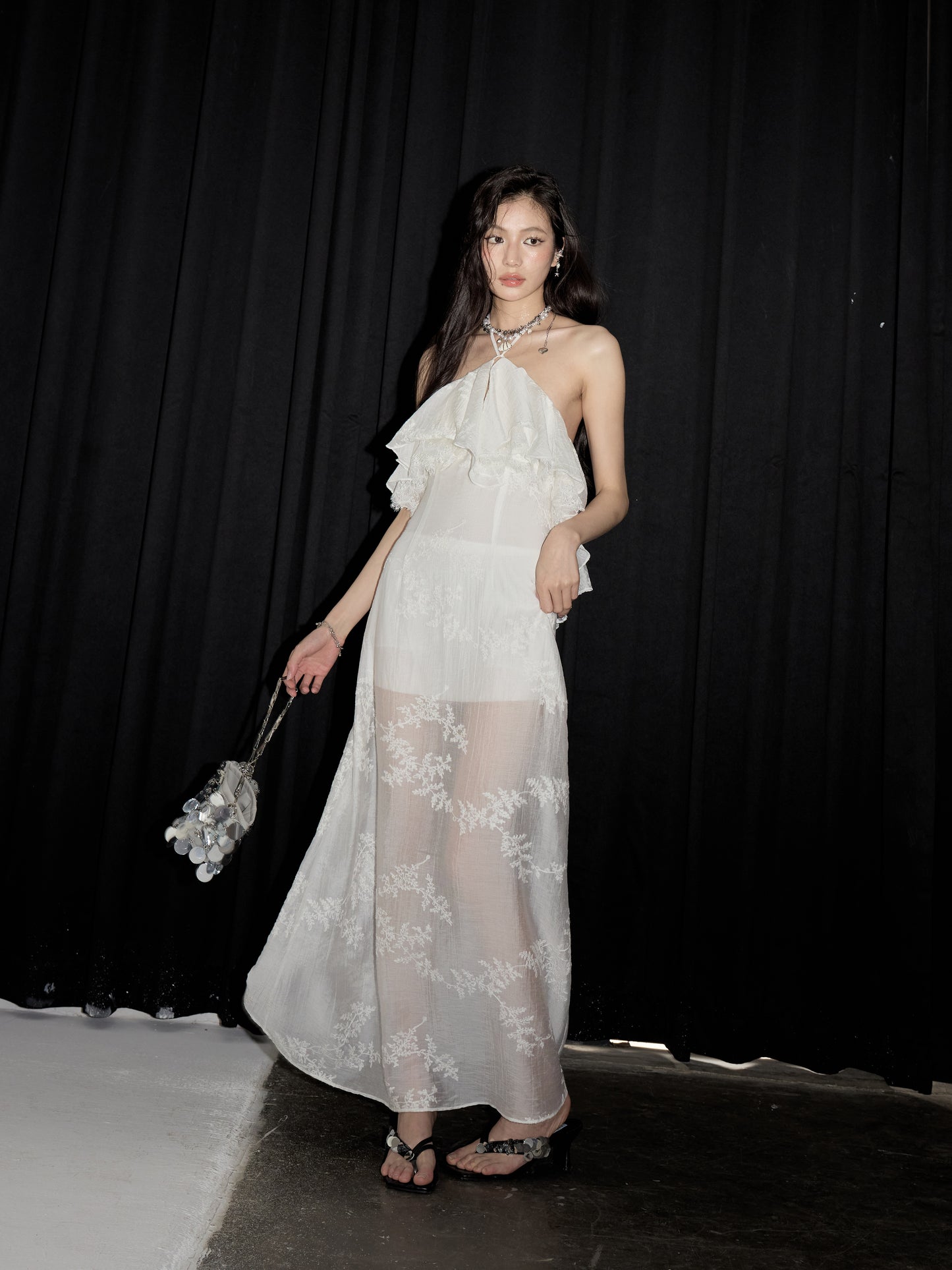 Sheer Halter Neck Backless Dress