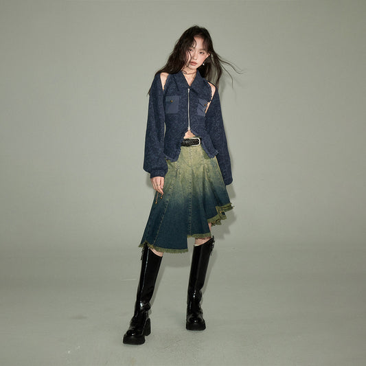 Collared Knit Vest And Layered Top Set