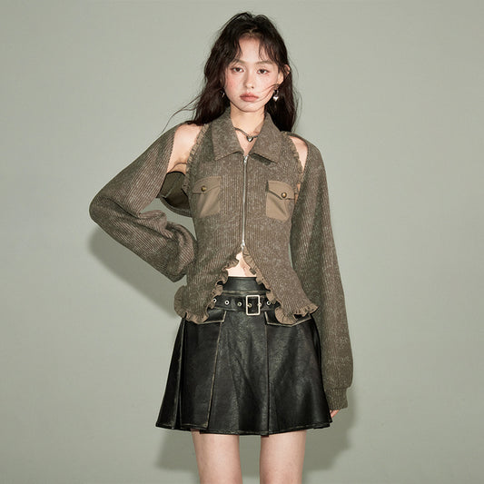 Collared Knit Vest And Layered Top Set