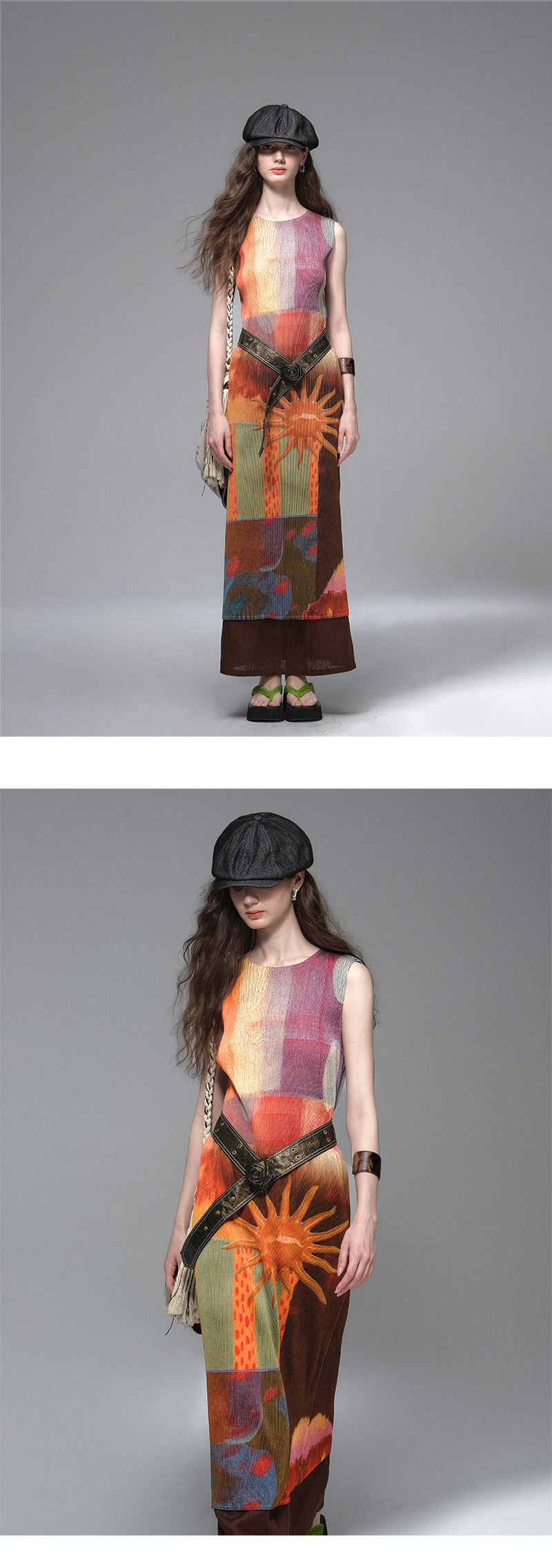 Pleated Retro Graphic Print Dress With Belt