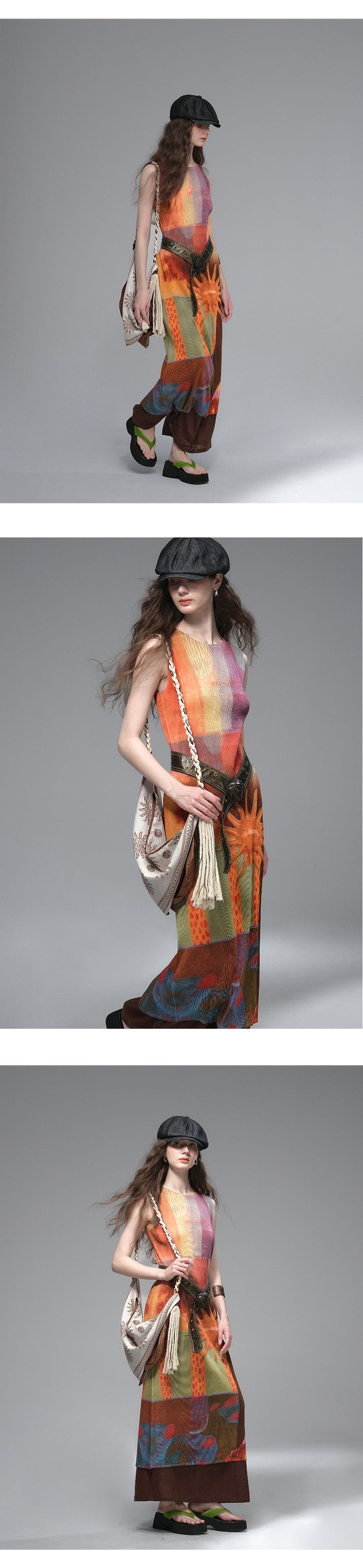 Pleated Retro Graphic Print Dress With Belt