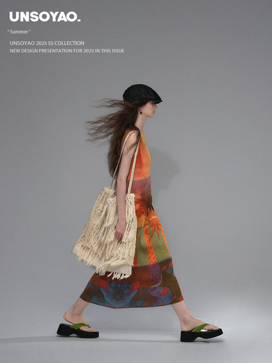 Pleated Retro Graphic Print Dress With Belt