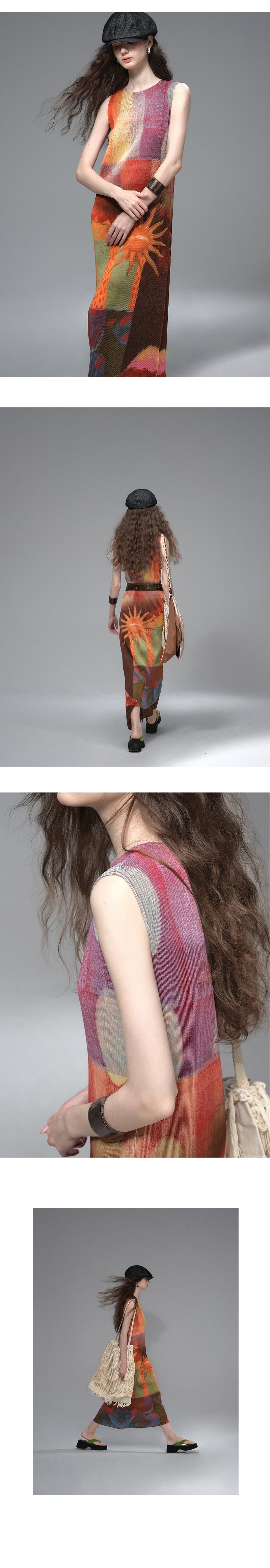 Pleated Retro Graphic Print Dress With Belt