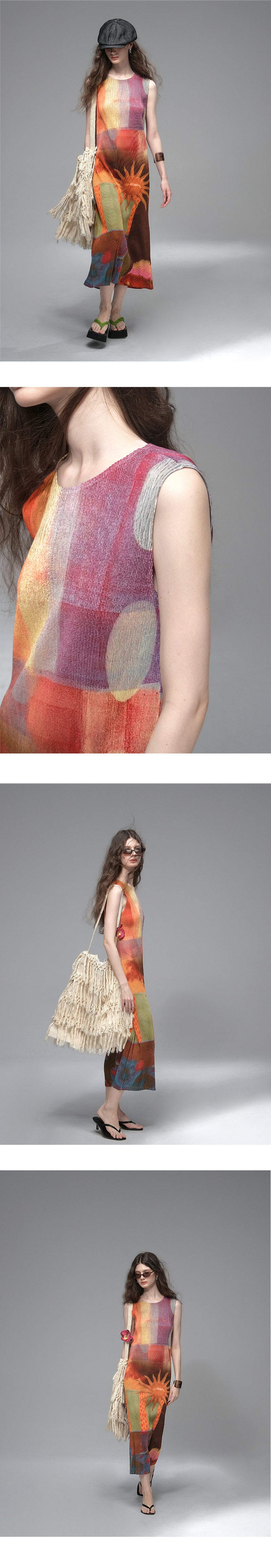 Pleated Retro Graphic Print Dress With Belt