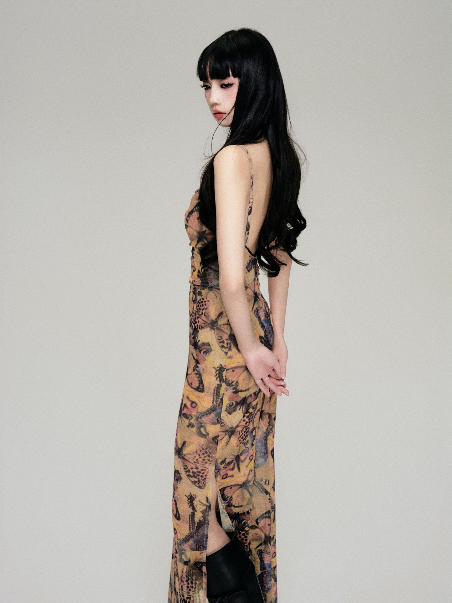 Butterfly Print Elastic Mesh Open Back Cami Dress
