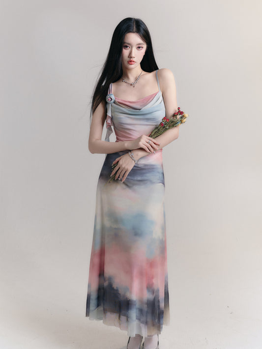 Vibrant Gradient Flower Drape Strapped Dress