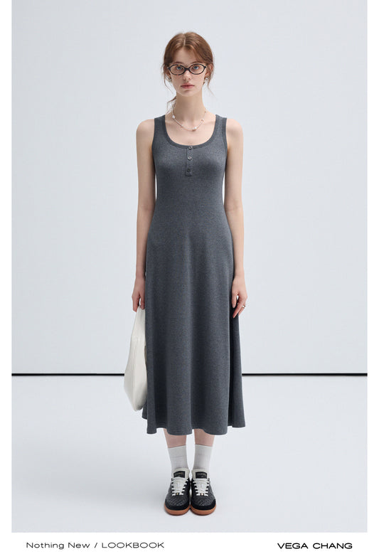 Simple Casual Henley Neck Sleeveless Long Dress