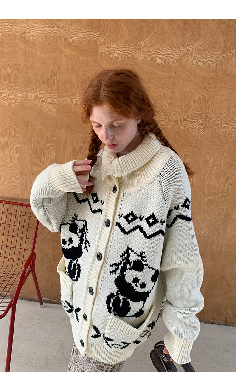 High Neck Panda Contrast Knitted Cardigan