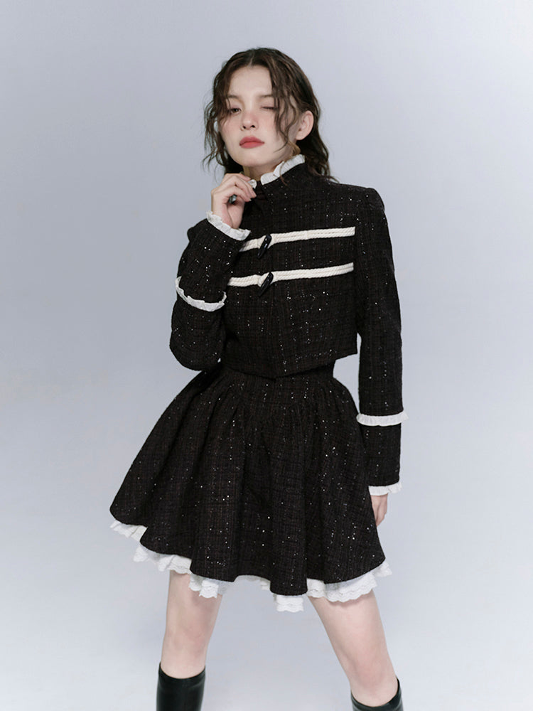 Dual Closure Tweed Jacket And Pleated Frill Skirt