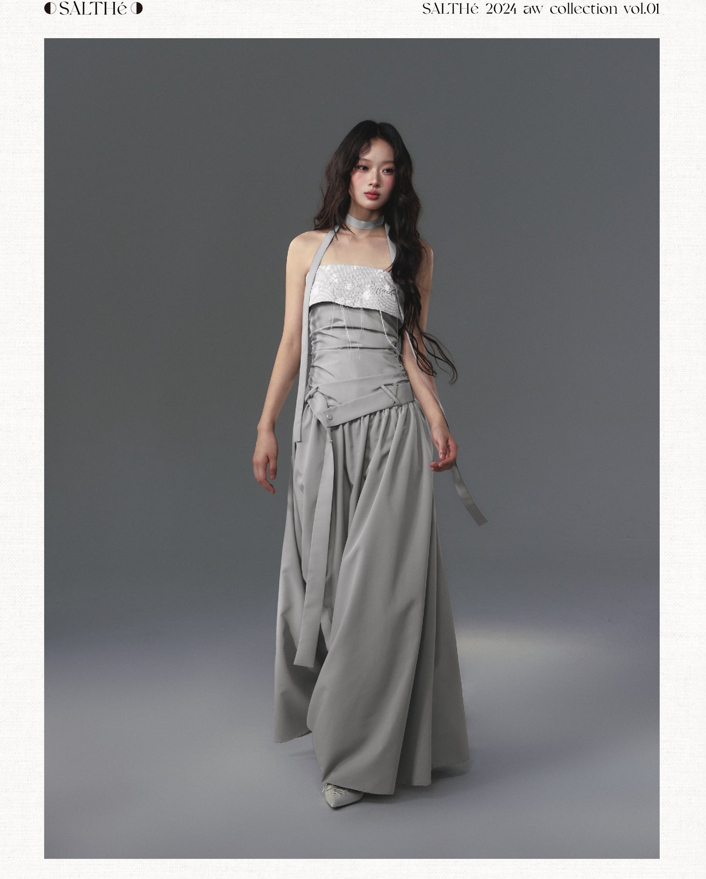 Embroidered Ruched Dress With Neckband And Belt