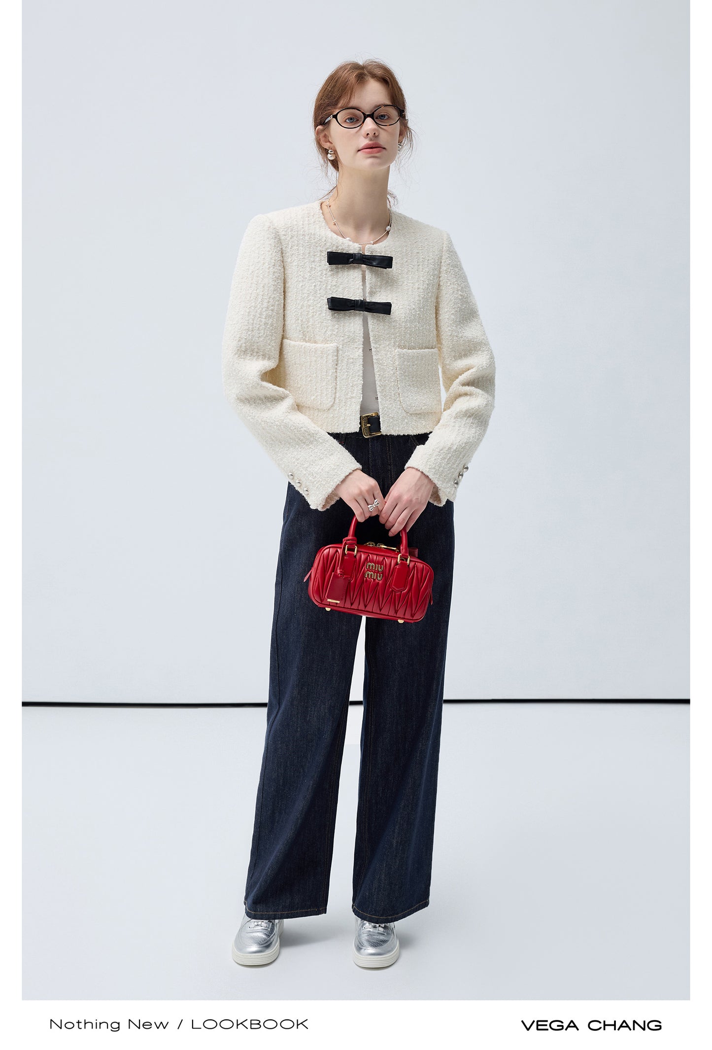 Wool Blend Textured Jacket With Faux Leather Bows