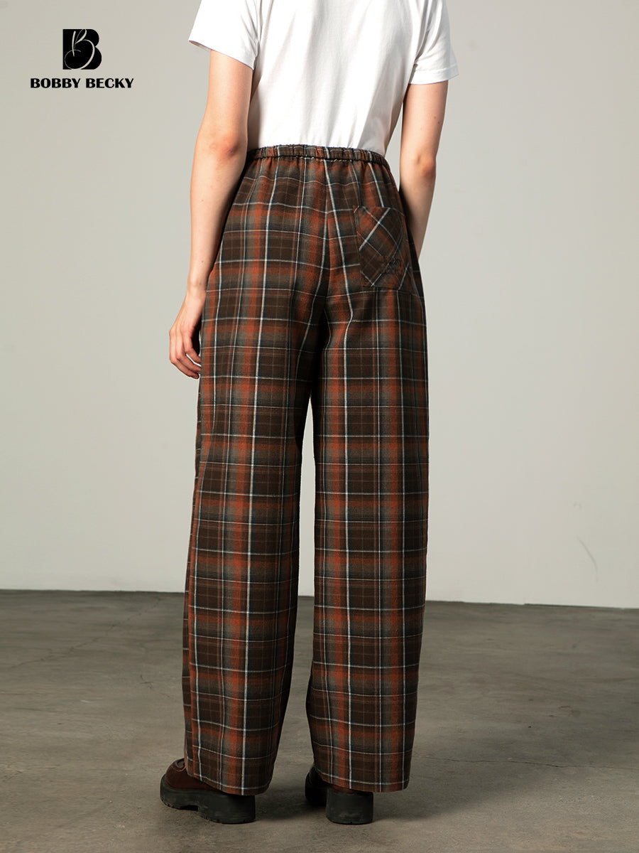Plaid Elastic Waist Wide-Leg Cotton Pants