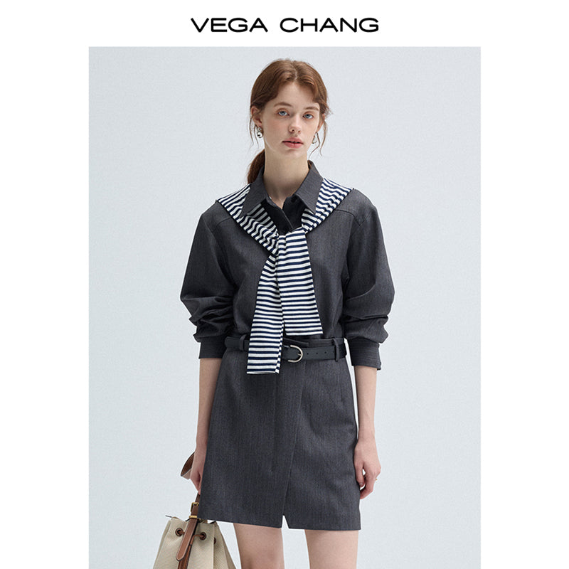 Faux Two-Piece Plain Short Twill Dress