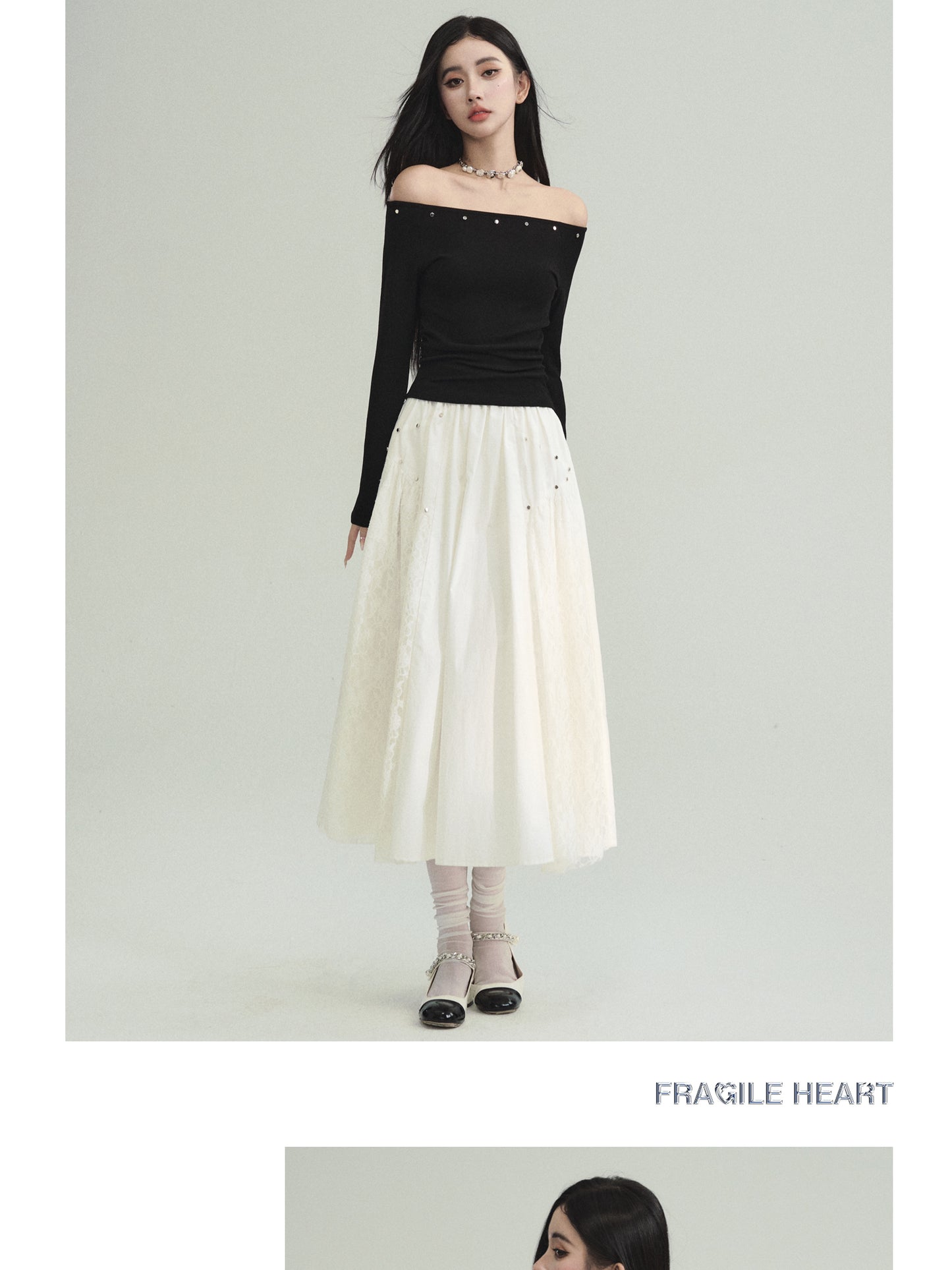 Studded Off Shoulder Top And Lace Patched Skirt