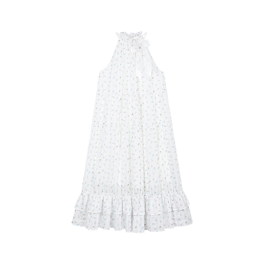 Floral Frill Neck Long Flowy Dress With Bow