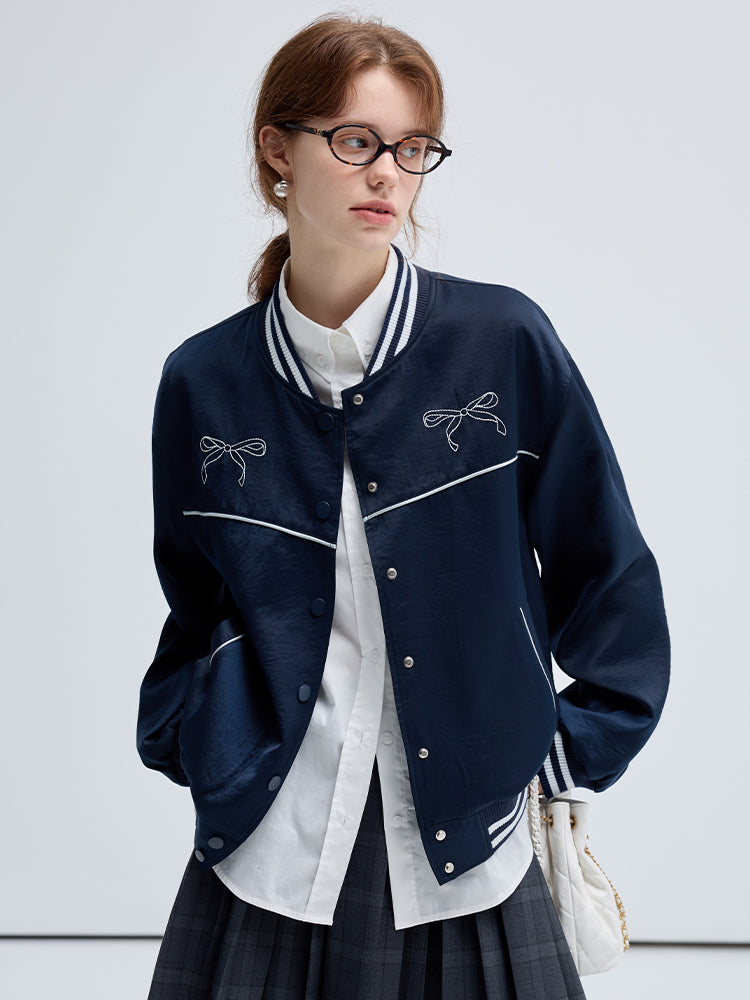 Bow Motif Embroidery Sporty Casual Varsity Jacket