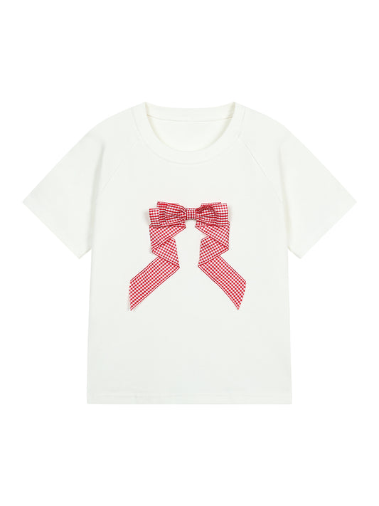Checkered Three Dimensional Bow Round Neck T-Shirt